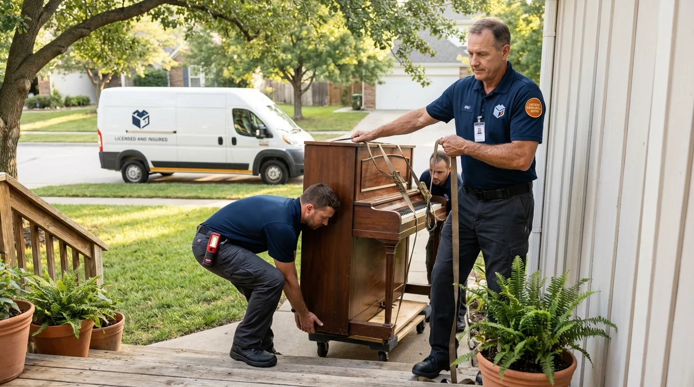 Licensed piano movers securing grand piano in Bells, TX