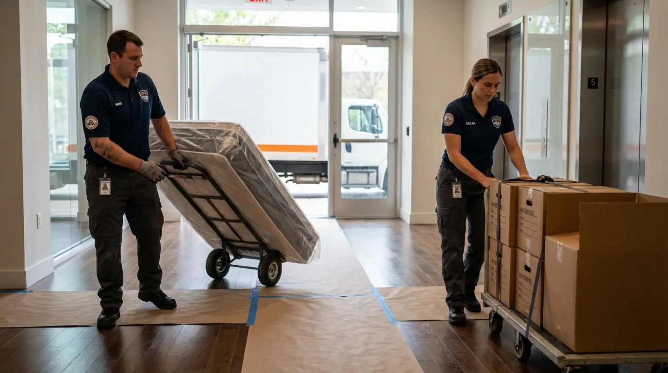 Professional apartment movers loading elevator in Bells, TX