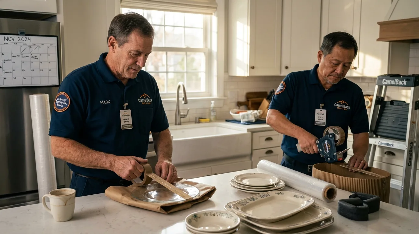 Professional crew packing kitchen dishware in Bells, TX